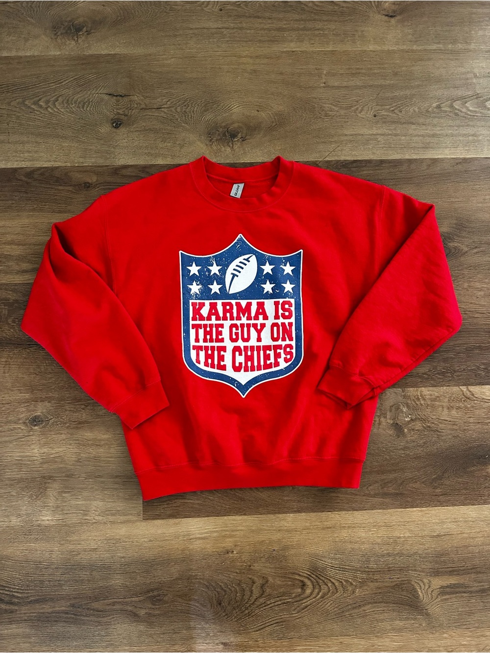 Karma Is The Guy On The Chiefs Sweatshirt Red Crewneck Swiftie Game Day M